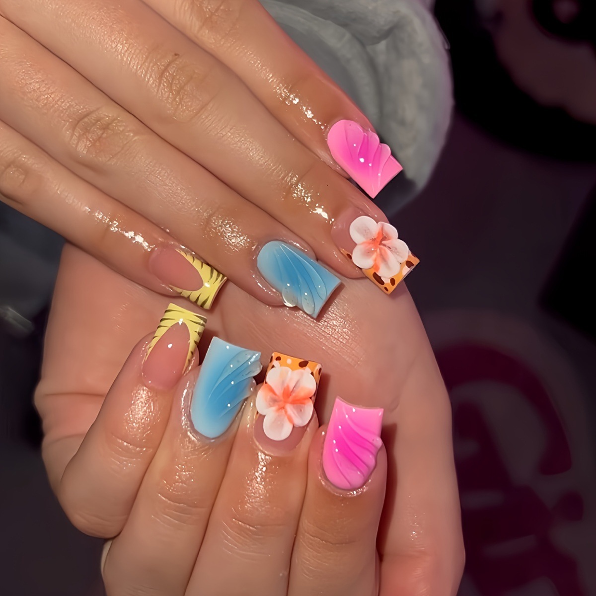 Pressed Flower Art - 24szt Krótkie Kwadratowe Sztuczne Paznokcie Różowy